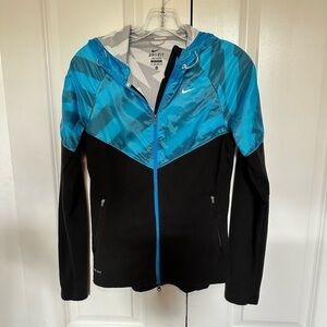 Nike blue and black zippered hooded light weight dri-fit jacket, extra small